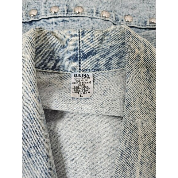 Studded Denim Oversized Jacket 80s VTG Eunina Acid Wash Lrg Biker Rocker Western - Picture 2 of 6